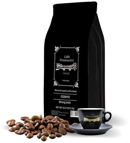 Caffè in Grani 1kg - Miscela 100% Robusta da India Vietnam Indonesia - Chicchi Interi per Moka ed Espresso - Gusto Forte e Tostato con Crema Densa - Made in Italy - CAFFÈ PONTEVECCHIO FIRENZE