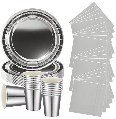 52P Metallic Silver Tableware Set for Her,Girl,Women,Silver Foil Paper Plate Silvers Paper Cup and Napkin,Sparkling Foils Christmas Dinnerware Sets Cutlery for Birthday,Wedding,Baby Shower Tableware