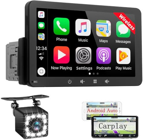 Autoradio 1 DIN Compatibile con Wireless Carplay & Android Auto - 7 Pollici Touchscreen Stereo Auto Bluetooth con Schermo, Radio Auto con Mirror Link/USB/FM, Supporta Telecamera Posteriore