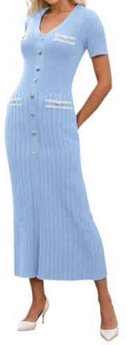 Vhersily Robe Femme Élégante Longue Cérémonie, Été Manches Longues Décontracté Col en V Couleur Unie Robe avec Boutons, à la Mode, Fraîche et Respirant Style Streetwear, Robes de Demoiselle pour Miel