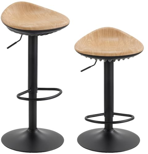 HOMCOM Lot de 2 Tabourets de Bar Réglables en Hauteur 40x40x63-84cm Chêne | Chaises de Bar, Repose-Pieds, Pivotant 360°, Tournant, Assise Selle Effet Bois en PU, Base en Acier, Salle à Manger, Comptoir