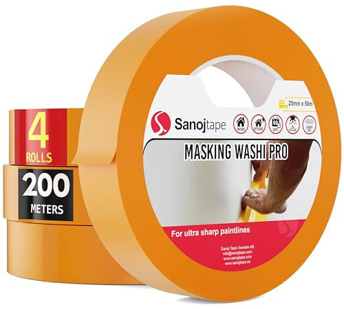 Sanojtape Professionelles Abklebeband Malerband Super Sharp (Viererpack) Goldband Malerkrepp Washi 25mm x 50m