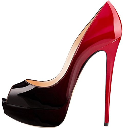 Elashe Escarpins Femme Plateforme - 15CM Escarpins Peep Toe - 3CM Plateforme Talon Chaussures Open Toe Noir-Rouge EU37