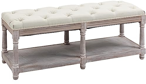 HOMCOM 2-Tier Bed End Bench, Vintage Stool, Wooden Window Seat with Storage Shelf, Button Tufted Upholstered Footstool for Living Room, Bedroom, Entryway, Cream White