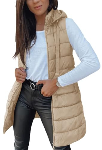Veatzaer Women Long Vest Solid Color Sleeveless Hood Winter Puffer Vest Outwear
