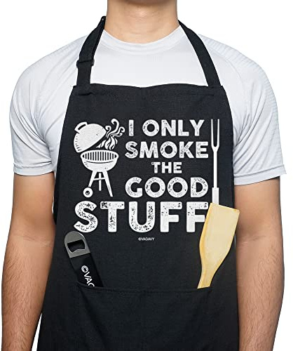 VAGAVY - Funny I Only Smoke The Good Stuff Men Apron with Pockets - Black Aprons for Men, Dad, Husband - Birthday, Father’s Day Grilling Gifts for Papa, Husband…