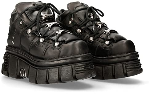 New Rock M.106-C45 Stivaletti Unisex in Pelle Nera METALLIC, Tacco 8 cm, Zeppa 6 cm, Stile Gotico Punk Rock con Lacci e Dettagli Metallici, Suola PU Ultra Resistente 42