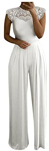 Graceyo Jumpsuit Damen Elegante, Spitze Spleißen Festlich Hochzeit Damen Lang Weites Bein Hosen Hohe Taillen Einteiler Overall Frauen Blumenspitze Business Party Breites Bein Hosenanzug, Weiß, S