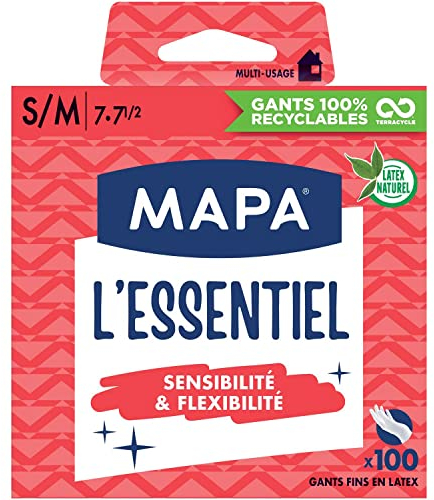 MAPA - L'Essentiel - Gants Fins en Latex naturel Poudrés - Sensibilité et Flexibilité - Boîte de 100 gants - Taille S/M, Blanc