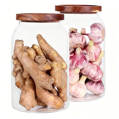 SAIOOL 1 Gallon Glass Jar with Wooden Acacia Airtight Lid,Large Glass Storage Jar set of 2, BPA-Free Cereal Dispenser Jars for flour,Spaghetti Pasta, Powder, Tea, Coffee