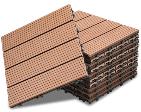 Ikodm WPC terrassplattor, 33 stycken 30 x 30 cm balkong golvplattor, trädgårdskakel med klicksystem, golvbeläggning med dränering, balkonggolv brun i träutseende, 3 m2