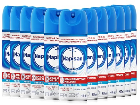 Napisan Spray Disinfettante Milleusi, Disinfettante Spray per Tessuti e Superfici, Fragranza Fresco Pulito, Confezione da 12 Spray da 400ml