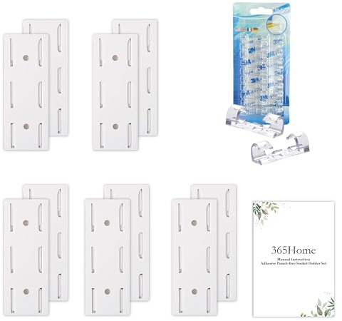 365Home 10-Pack Adhesive Punch-Free Socket Holder, Self Adhesive Desktop Socket Fixer, Power Strip Holder Wall Mount with 20 Pcs Cable Organizer Clips, Suitable for WiFi Routers, Remote Controls