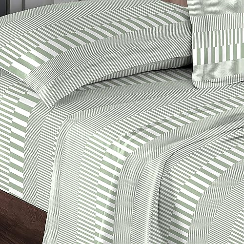 Pizuna 100% Cotton Green Print Double Bed Sheet Set 400 Thread Count | Cascade Stripe Long Staple Printed Bedding Includes 1 Fitted Sheet 2 Pillowcases