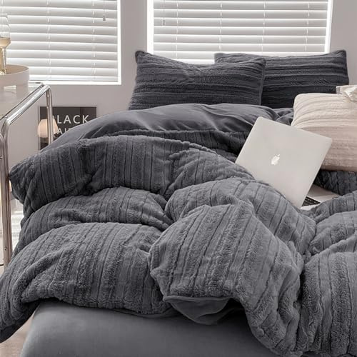 Michorinee Housse de Couette en Peluche 200x200 Gris foncé - Parure de Lit Polaire Flanelle Chaud Hiver - Linge de Lit 2 Personnes Fermeture Éclair + 2 Taie d'oreiller 65x65 cm
