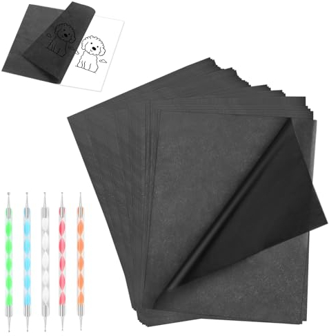 VFANDV 150pcs Blatt Pauspapier A4, Kohlepapier Schwarz Durchschlagpapier mit 5 Stück Prgestift Set A4 Abpauspapier Transferpapier Graphitpapier Pauspapier für Holz Papier Leinwand Tattoo