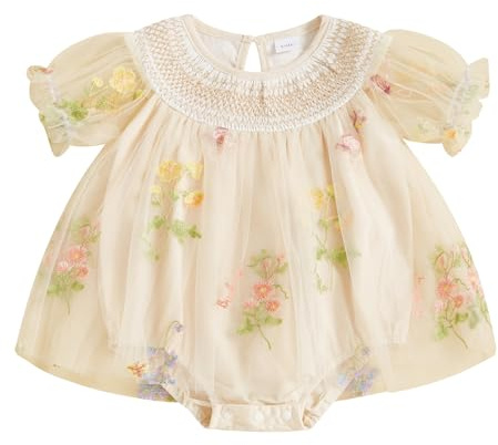 Geagodelia Infant Baby Girl Romper Dress Newborn Baby Girls' Bodysuits Flower Embroidery Jumpsuit Skirt Tulle Princess Dress A-Line Pageant Baptism Wedding Birthday Party Dress (Apricot, 6-9 Months)