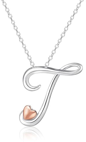 Mesovor Silver Initial Necklace for Women, Sterling Silver Plated Jewelry | Classic Letter Name Pendant Necklace with Rose Gold Heart, Gifts for family Mother Sister Wife, 20 Inch Chain (Letter-T)