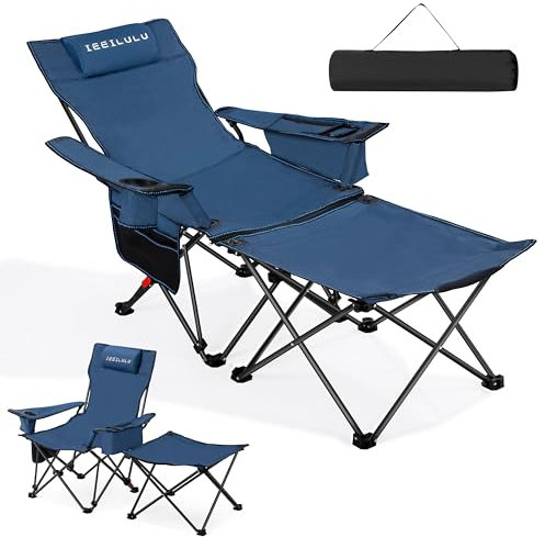 IEEILULU Campingstuhl Faltbar, Liegestuhl Klappbar Camping, 2 in 1 Campingstuhl Belastbar 130 kg, Angelstuhl Faltbar, Liegestuhl Outdoor mit Getränkehalter Seitentasche Kühltasche (Blau)