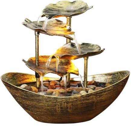 Dekorativ bordsfontän - vattenfallsfontän med bladdesign med 4 nivåer, inomhusfontän med automatisk pump och LED-lampor, kontorstillbehör, vardagsrum, meditation,