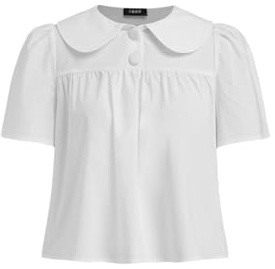 CIDER Peter Pan Collar Shirt Blouse for Women Going Out Tops Short Sleeve Shirt Solid Casual Summer Tops White