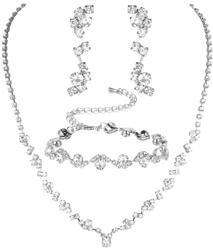 Telooco Bridal Jewelry Sets Elegant Prom Jewelry Set for Women Rhinestone Bracelet Necklace and Earring Sets for Women for Wedding Party(Silver)