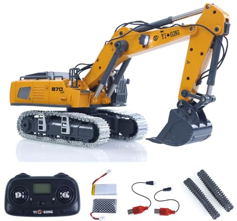 wheelfun 1/50 RC Excavator K970 Engineering Vehicle Remote Control Electric Lifting Digger Metal Bucket Tracks Light Sound RTR Battery Hobby Grade Model for Adult Hobby