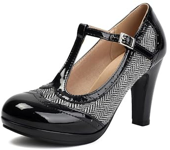 graceretro Mary Jane - Zapatos de tacón para mujer de los años 20, dos tonos, clásicos, retro, Oxford, vintage, redondos, con correa de tobillo, Negro , 37 EU