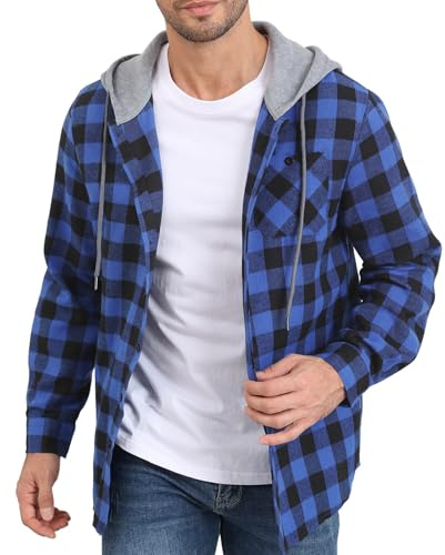 Sudadera con capucha de algodón a cuadros de manga larga con botones para hombre, con cordón, ligera, con capucha