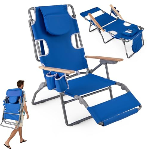 COSTWAY 3-in-1 Foldable Beach Chair, Lay-Flat Tanning Recliner with Face Hole, Footrest, Adjustable Backrest and Pillow, Portable Reclining Lounge Chair for Camping Poolside Lawn (Navy)