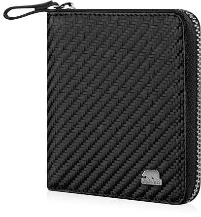 BROWN BEAR Geldbörse Reißverschluss Leder Schwarz Carbon für Damen & Herren | RFID-Schutz Portemonnaie mit Münzfach | Zip Geldbeutel Echtleder | BB Design 8009 CBK