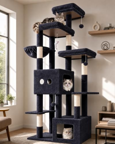Globlazer Árbol Rascador XXL para Gatos Grandes 203 cm con 2 Nidos Grande 45*40*35cm, 3 Plataforma Amplio, Tablero Sisal, Cesta, Enorme Arbol Rascador para Gatos Adultos Interior (F80E, Gris Oscuro)
