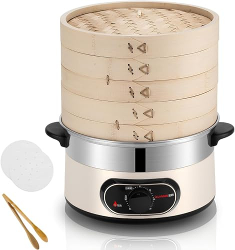 Vaporiera Elettrica per Alimenti per La Cottura A Vapore per Verdure con Vaporiera in bambù A 2 Livelli con Timer di Spegnimento Automatico E Protezione Dall'ebollizione A Secco