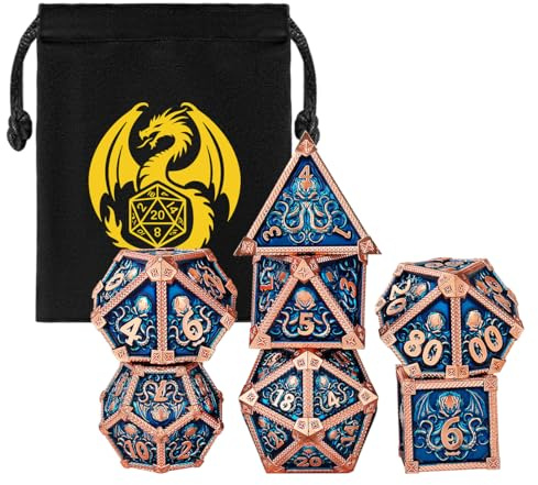 Lot de Dés en Métal D&D, Motif de Pieuvre, 7 Dés Polyédriques en Métal, Accessoires pour Jeux de Rôle, Cadeaux DND avec Sac Cadeau, D20, D12, 2 D10 (00-90 et 0-9), D8, D6 et D4, Cuivre Rouge + Bleu