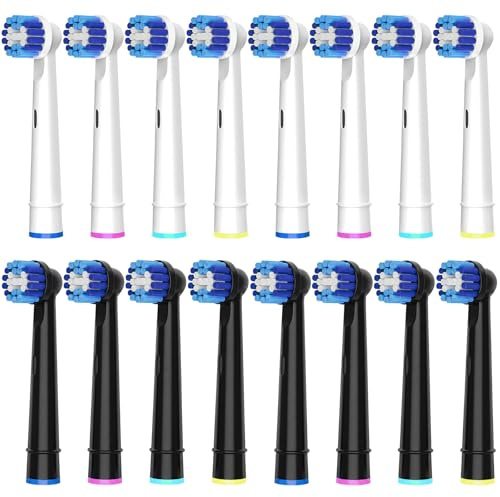 Oral B Compatible Toothbrush Heads, 16 Count Precision Replacement Brush Heads for Most Braun Oral B Electric Toothbrush, 8pcs White and 8pcs Black.