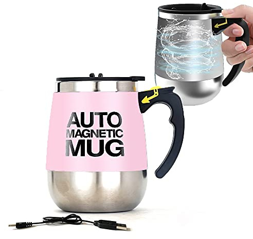 daasigwaa CuteInnovation Rechargeable Self Stirring Mug - Magnetic Electric Auto Mixing Stainless Steel Cup for Office/Kitchen/Travel/Home Coffee/Tea/Hot Chocolate/Milk-390 ml/13.2 oz(Pink)
