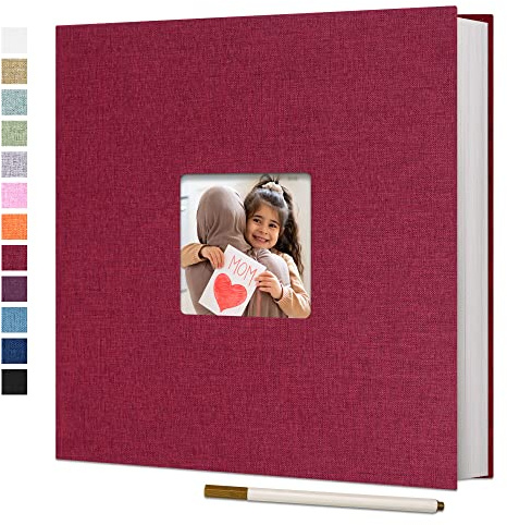 Vienrose Photo Album Self Adhesive Book with Window 60 Pages 28x27cm Red | Linen Cover, Scrapbook Album, 4X6 8X10 Photos, Metallic Pen, Wedding Baby Travel