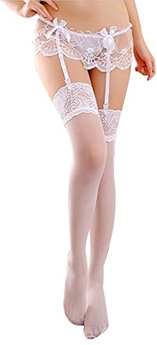 Women Lace Garter Belt and Stockings Set, Sexy Suspender with G-String Panties Satin Bow Trim Mini Skirt Hosiery with Adjustable Straps Mesh Lingerie Set Gift for Christmas Valentine (White, One Size)