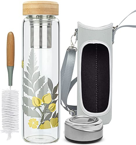 Reeho 32oz Borosilicate Glass Water Bottle with Tea Infuser, Tea Tumbler with Strainer, Reusable Travel Mug with Sleeve & 2 Lids, for Hot or Cold Drinks, Loose Tea, Fruit