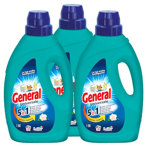 General Universale Detersivo Liquido 5in1 per Lavatrice 28 Lavaggi Azione Scioglimacchia a Basse Temperature per Capi Bianchi e Colorati - 3 Flaconi da 1,26L Ognuno
