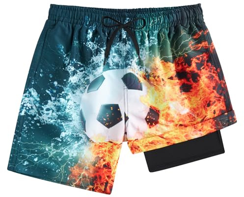 Idgreatim Teens Anti Chafe Swim Trunks with Compression Liner Boys 14 16 Swimsuit Flame Water Soccer Printed Board Shorts