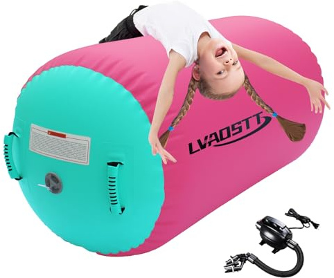 Gymnastics Tumbling Equipment Inflatable Air Roller Balance Cylinder with Pump, 0.6mm High-Density PVC, Air Barrel Trainer for Back Handspring, Cheerleading, Yoga & Gym Multiple Sizes 2.6FT–4FT Length