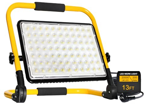 Foco de Trabajo LED 200W,20000LM Foco LED Portátil con Cable de 4M 6500K Luz Blanca de Construcción, Exteriores Impermeable IP66 Soporte plegable para Obra, Taller, Garaje