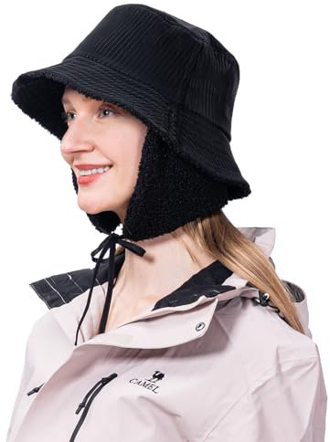 ZffXH Regenhut Damen Wasserdicht, Schwarz Vlies Fischerhut Damen Regen, Bucket Hat Damen Winter, Bucket Hat Mit Ohrenklappen, Regenhut Gefüttert Damen, Womens Cap with Ear Flaps, Winter Bucket Hat