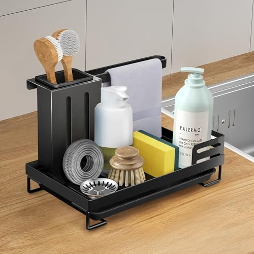 YC Kitchen Spülbecken Organizer Küchen,Sink Caddy Kitchen Organizer, Schwammhalter, Spülmittelhalter, Lappenhalter mit Tropfschale, Carbonstahl, Schwarz