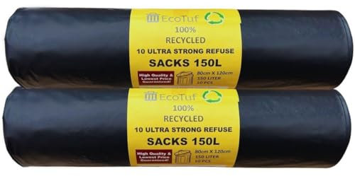 EcoTuf - 20 Pack Ultra Heavy Duty Refuse Sacks, 150L, 60Kg Weight Resistant, Bin Bags, Garbage Bags, Leak Resistant, Eco-Friendly, Disposable, Perfect for Household, Garden, Commercial & Building Use