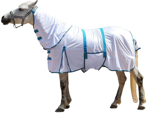 Gallopoff Couverture anti-mouches pour chevaux avec couvre-cou, couverture d'été respirante avec protection UV et protection contre l'abrasion, fermeture de poitrine réglable, sangles ventrales