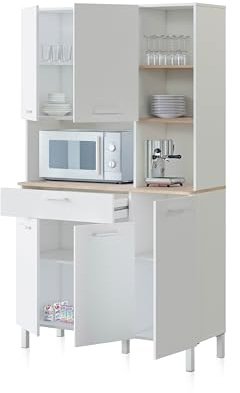 duehome | Alacena de Cocina, Mueble Auxiliar 5 Puertas + 1 Cajon y Estante Interior, Modelo Colin, Acabado en Blanco Artik y Roble Canadian, Medidas: 108 cm (Ancho) x 186 cm (Alto) x 40 cm (Fondo)