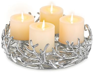 Romadedi Adventskranz Vintage Geweih Silber: Adventsgesteck Rund Klein Aluminium Ø 28cm für 4 Stumpenkerzen Ø 8 cm - Adventsschale Gestell Tablett Teller für Weihnachten Tisch