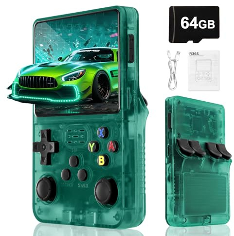 Blidinner Console di gioco portatile R36S - Linux open source, batteria a lunga durata da 3000 mAh, 3,5 pollici, scheda TF da 64 GB, oltre 20.000 giochi classici, console portatile per adulti (verde)